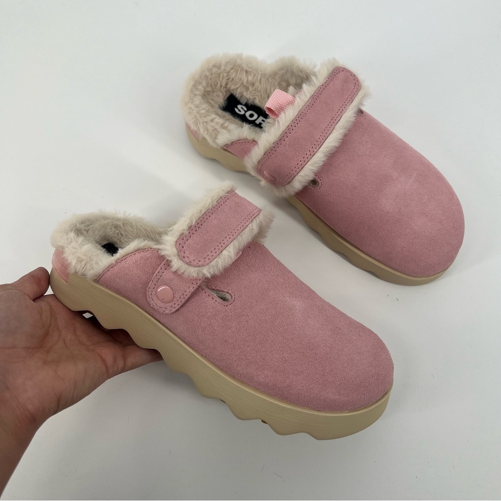 Sorel VIIBE Pink Suede Leather Shearling Slip On Adjustable Cozy Winter Loafers
